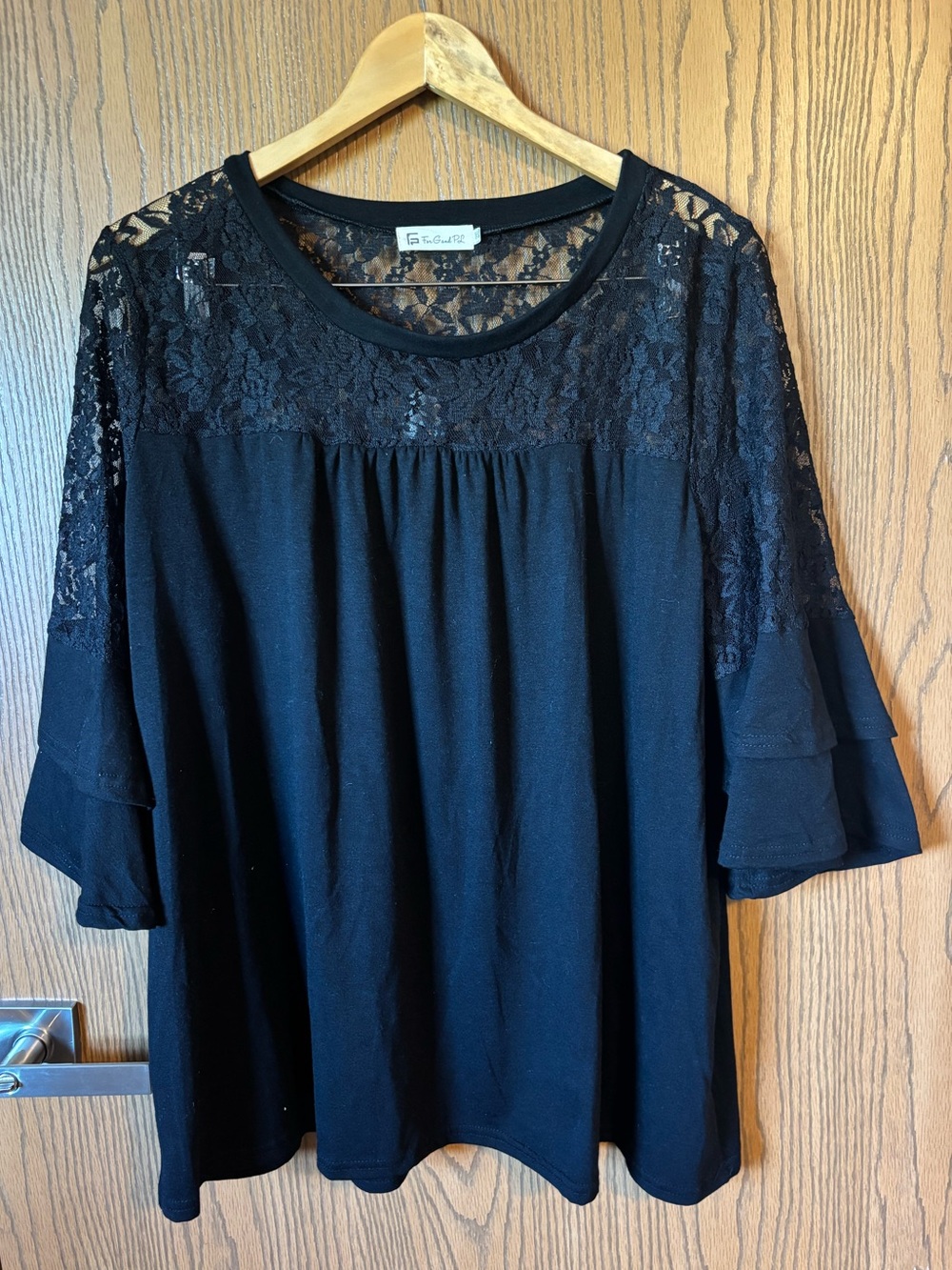 Women's Black Lace Yoke Tiered Sleeve Blouse